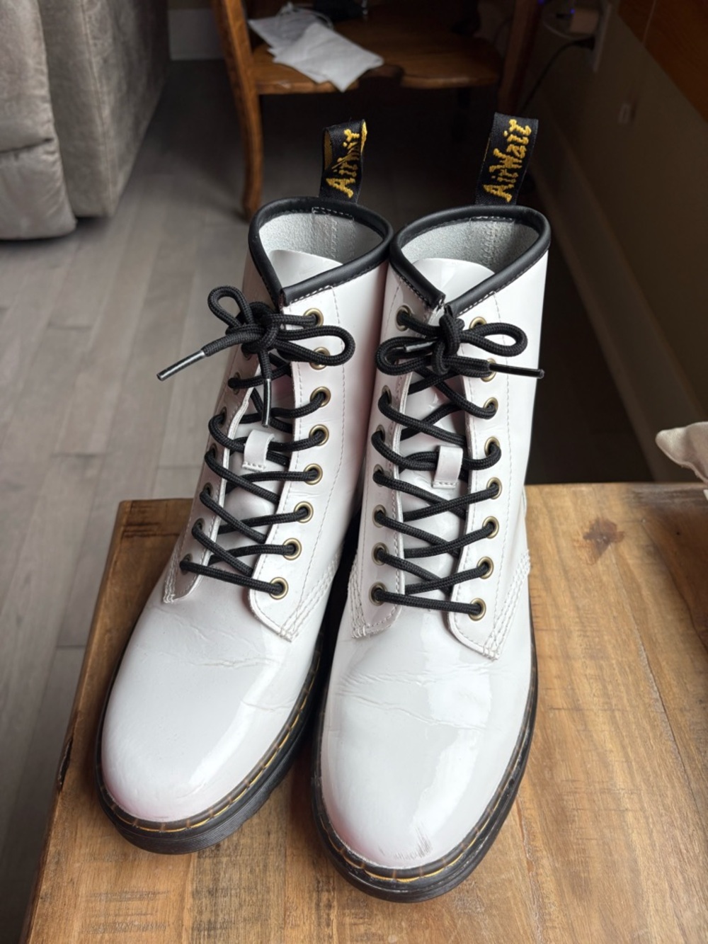 Dr. Martens White Patent Lace-Up Ankle Boots